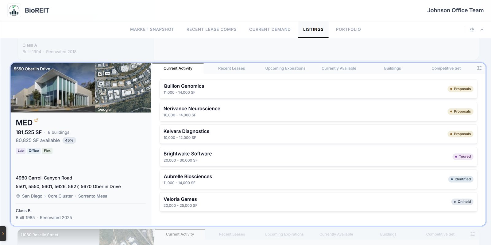 Suite Level client view of BioREIT’s listings: MED with its current tenant activity and deal stages.