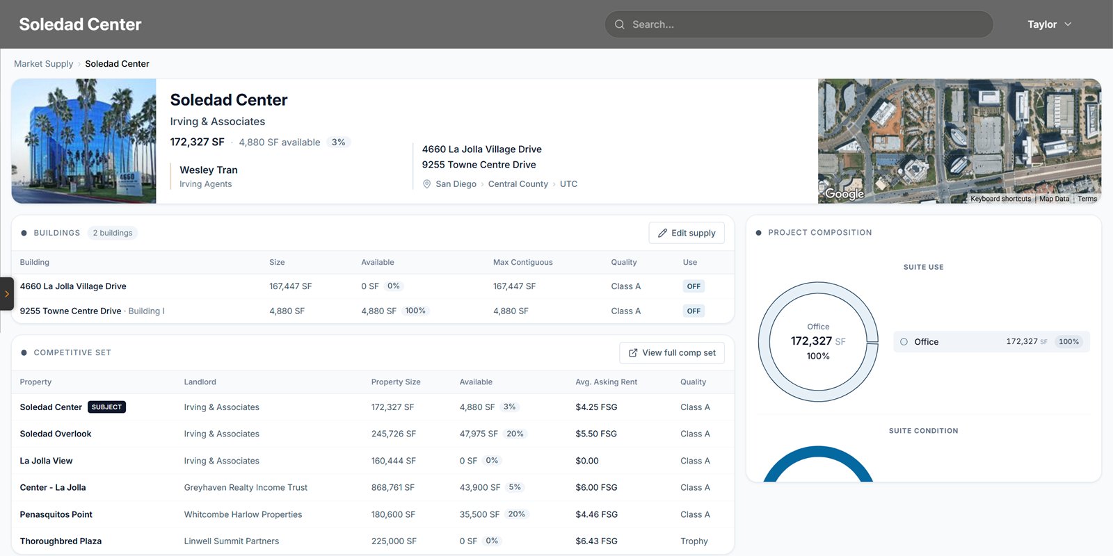 Suite Level Market Supply project view for Soledad Center: its buildings with size, availability and quality, the competitive set with landlords and asking rents, and the project’s composition by suite use.