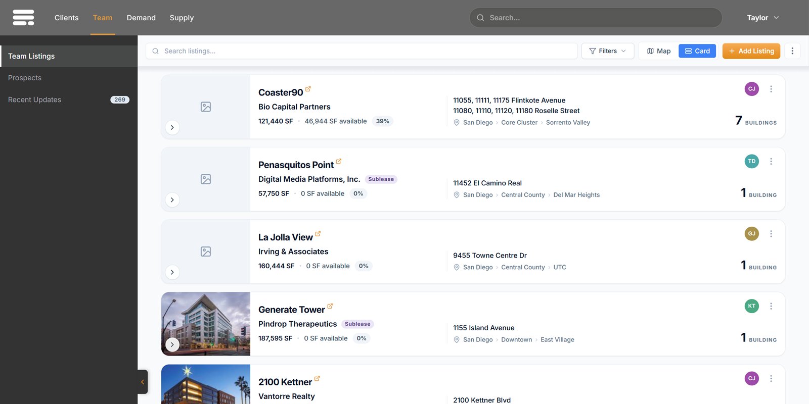 Suite Level Team Listings: a card for each listing the team represents, with project, landlord, size, availability, location and the assigned broker.